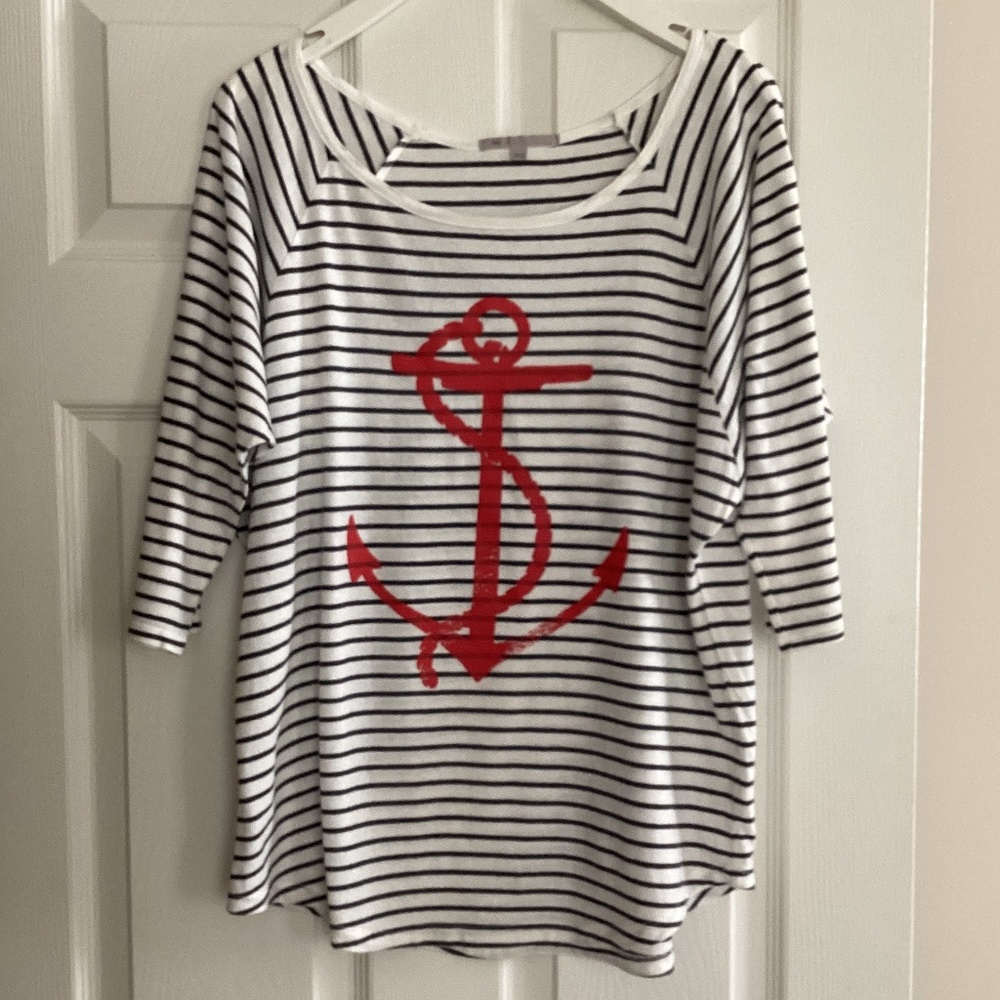 Gap Top Shirt White Striped Anchor Print Boat Neck